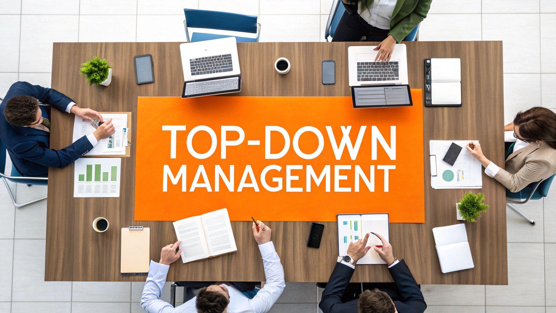 Explore top down management and learn how to implement this leadership style. Our guide covers its pros, cons, and best practices for modern organizations.